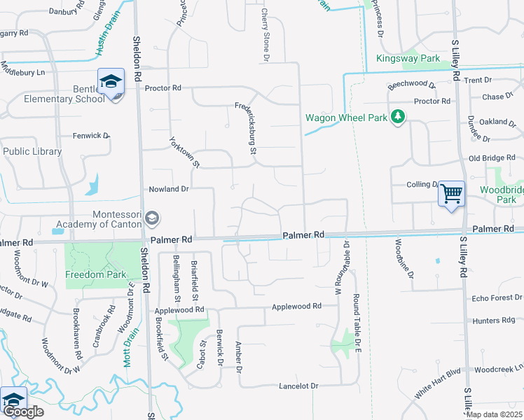 map of restaurants, bars, coffee shops, grocery stores, and more near 43665 Yorkville Court in Canton