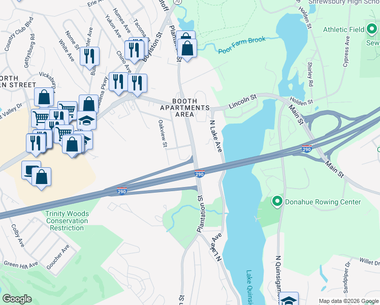map of restaurants, bars, coffee shops, grocery stores, and more near 625 Plantation Street in Worcester