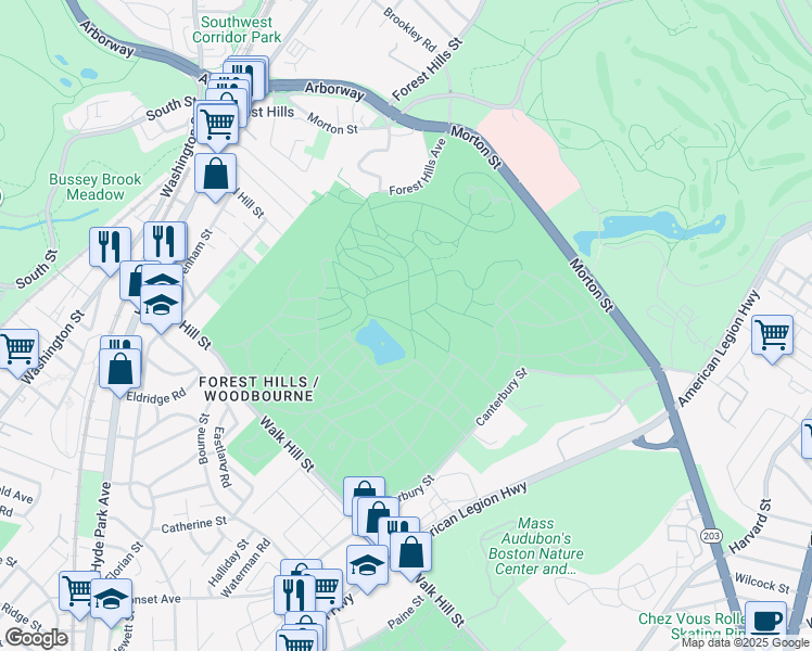 map of restaurants, bars, coffee shops, grocery stores, and more near 95 Forest Hills Avenue in Boston