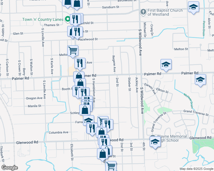 map of restaurants, bars, coffee shops, grocery stores, and more near 1944 South Christine in Westland