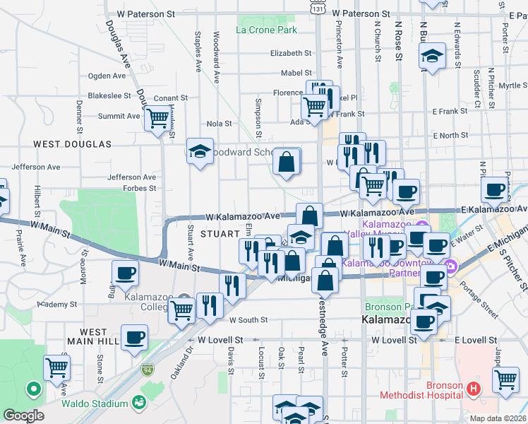 map of restaurants, bars, coffee shops, grocery stores, and more near 709 West Kalamazoo Avenue in Kalamazoo