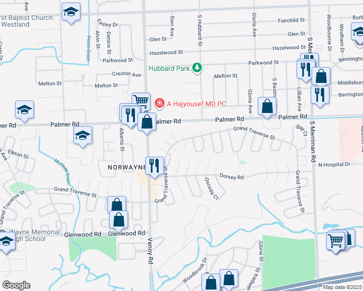 map of restaurants, bars, coffee shops, grocery stores, and more near 32511 Luce Street in Westland