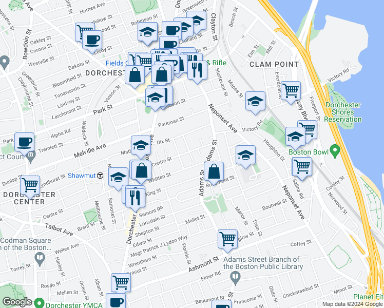 map of restaurants, bars, coffee shops, grocery stores, and more near 64 Whitten Street in Boston