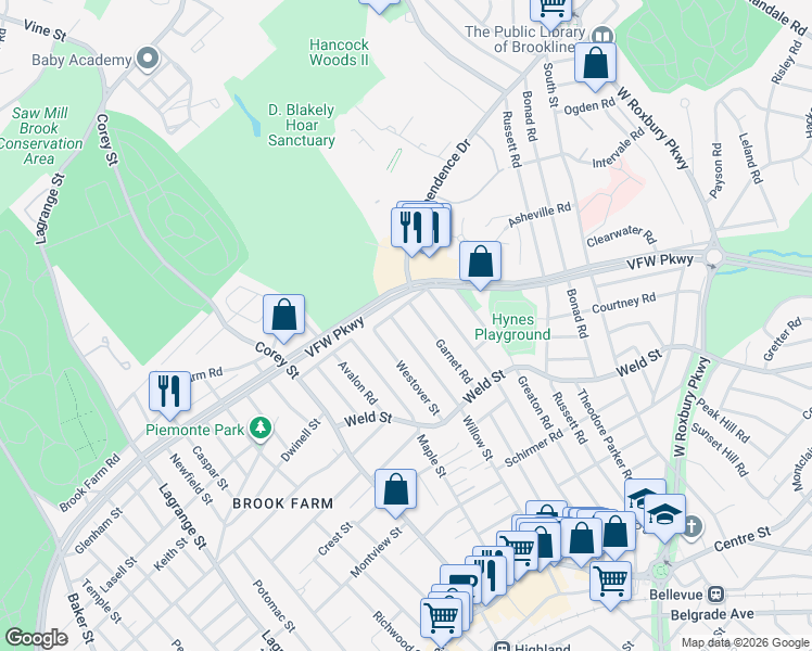 map of restaurants, bars, coffee shops, grocery stores, and more near 85 Westover Street in Boston