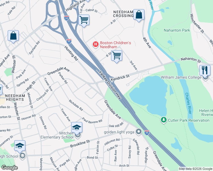 map of restaurants, bars, coffee shops, grocery stores, and more near 35 Cheney Street in Needham