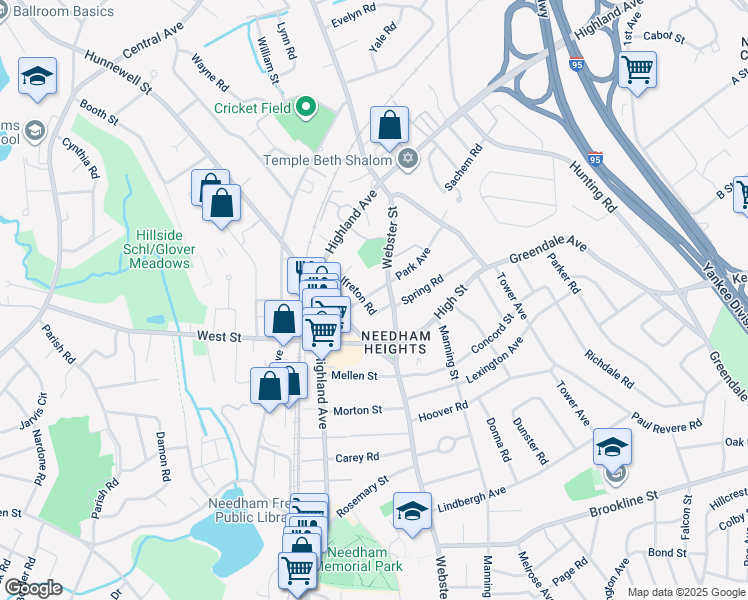 map of restaurants, bars, coffee shops, grocery stores, and more near 32 Mark Lee Road in Needham