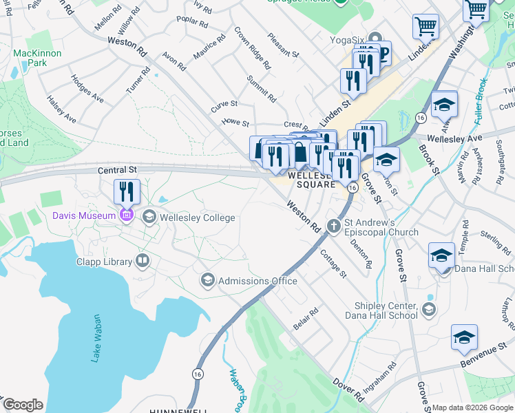 map of restaurants, bars, coffee shops, grocery stores, and more near in Wellesley