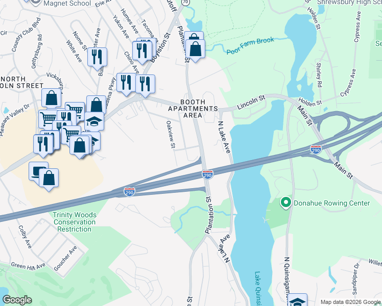 map of restaurants, bars, coffee shops, grocery stores, and more near 651C Plantation Street in Worcester