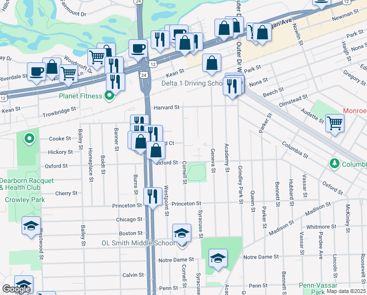 map of restaurants, bars, coffee shops, grocery stores, and more near 2250 Cornell Street in Dearborn