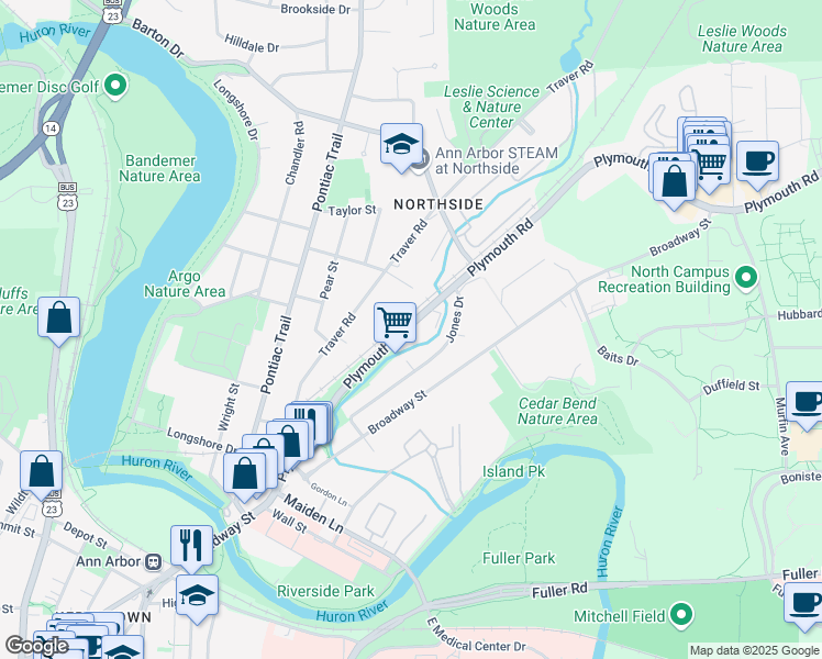 map of restaurants, bars, coffee shops, grocery stores, and more near 1502 Plymouth Road in Ann Arbor
