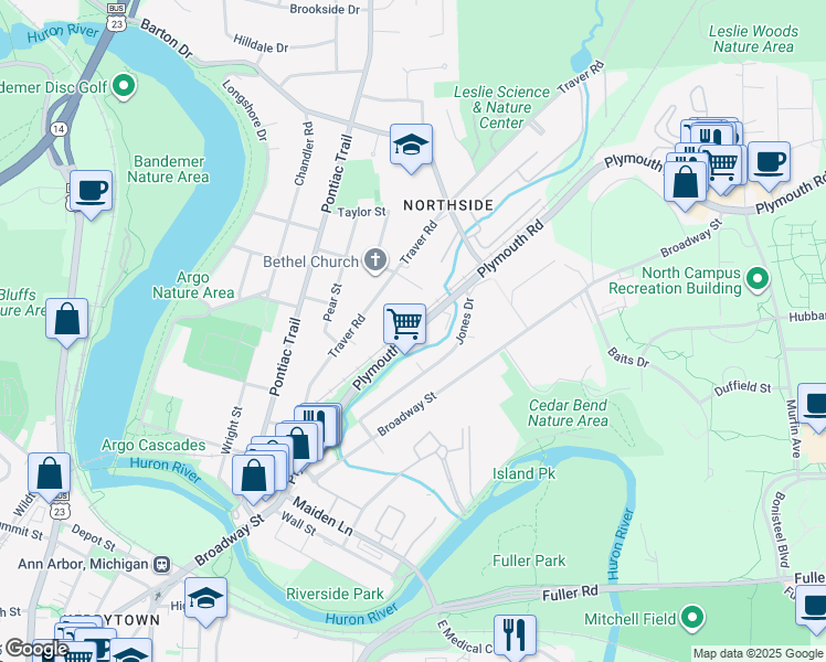 map of restaurants, bars, coffee shops, grocery stores, and more near 1502 Plymouth Road in Ann Arbor