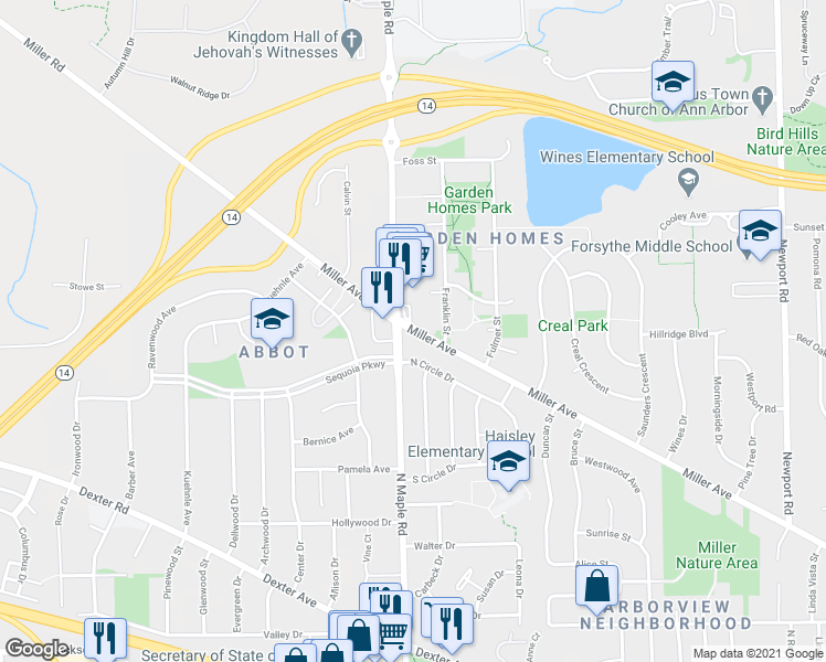map of restaurants, bars, coffee shops, grocery stores, and more near  in Ann Arbor