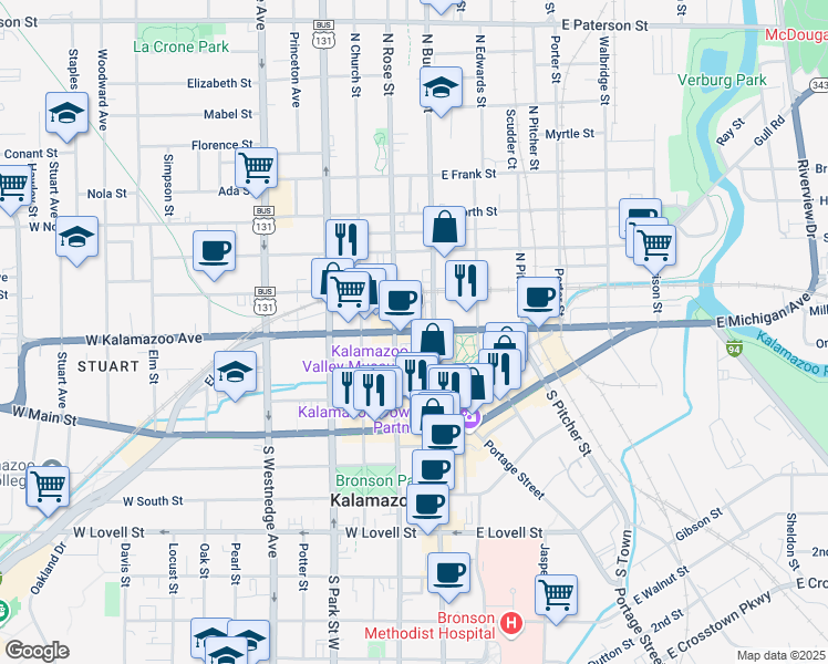 map of restaurants, bars, coffee shops, grocery stores, and more near 315 North Burdick Street in Kalamazoo