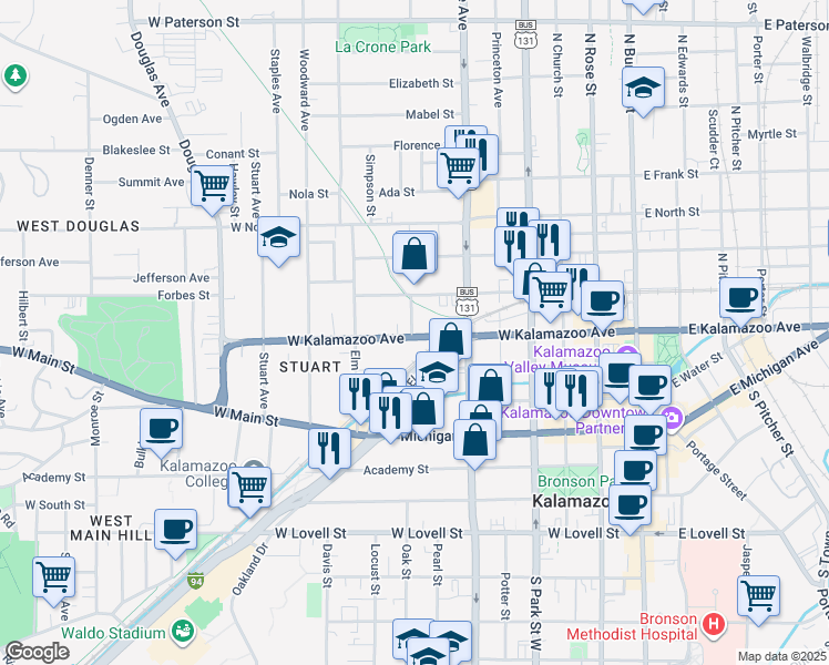 map of restaurants, bars, coffee shops, grocery stores, and more near 605 West Kalamazoo Avenue in Kalamazoo