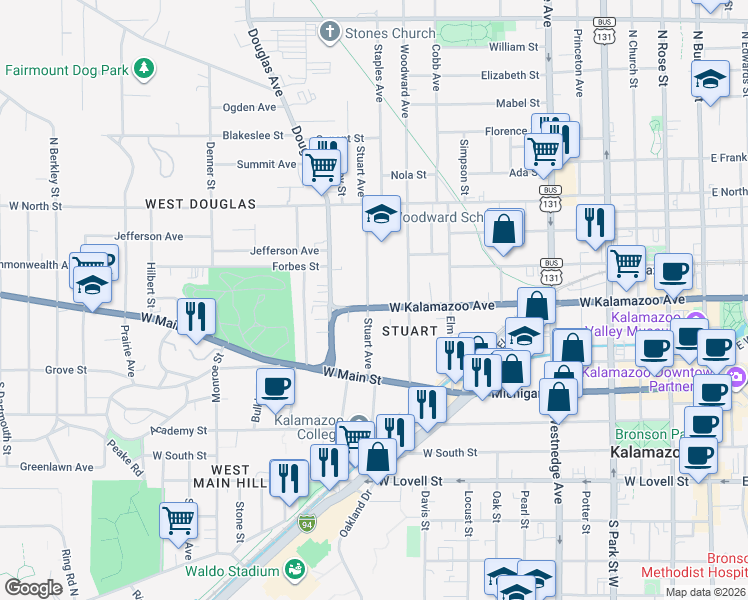 map of restaurants, bars, coffee shops, grocery stores, and more near 324 Stuart Avenue in Kalamazoo