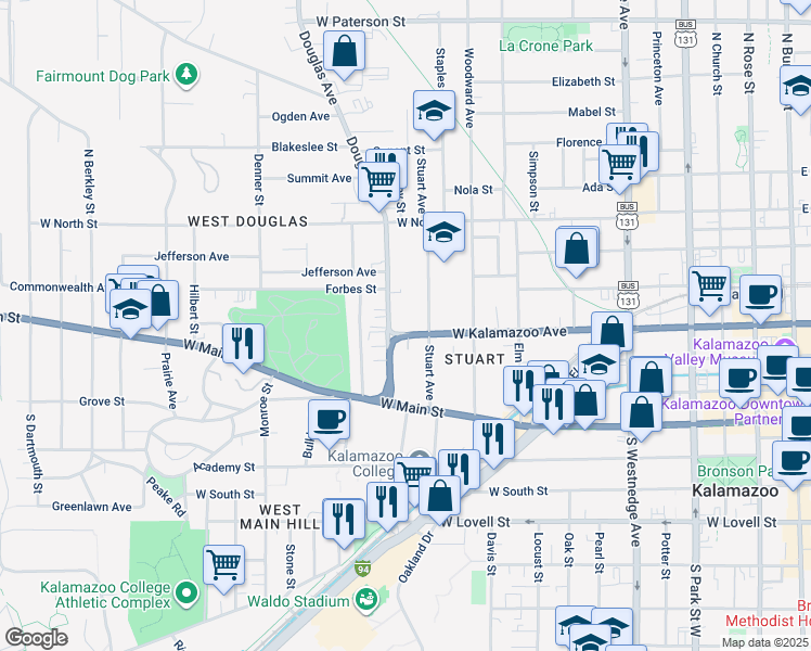 map of restaurants, bars, coffee shops, grocery stores, and more near 1025 West Kalamazoo Avenue in Kalamazoo