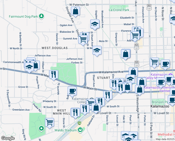 map of restaurants, bars, coffee shops, grocery stores, and more near 1025 West Kalamazoo Avenue in Kalamazoo