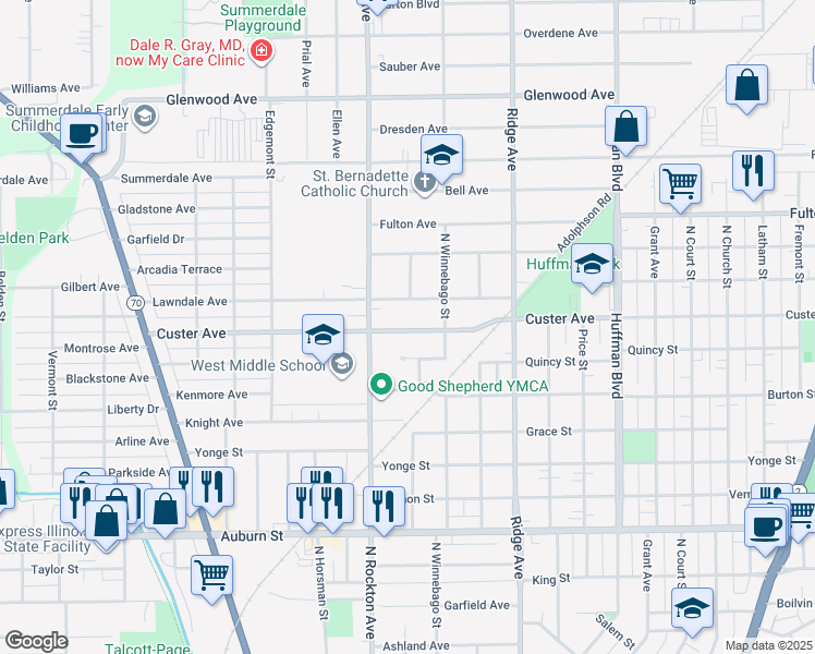 map of restaurants, bars, coffee shops, grocery stores, and more near 2414 Custer Avenue in Rockford