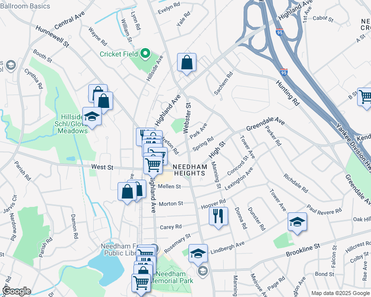 map of restaurants, bars, coffee shops, grocery stores, and more near 402 Webster Street in Needham