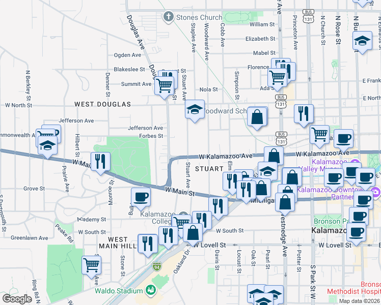 map of restaurants, bars, coffee shops, grocery stores, and more near 324 Stuart Avenue in Kalamazoo