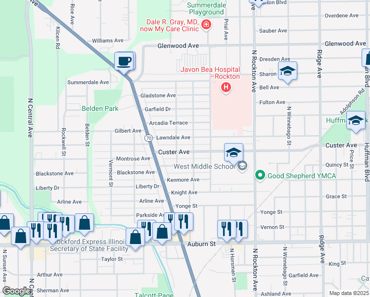 map of restaurants, bars, coffee shops, grocery stores, and more near 2915 Custer Avenue in Rockford
