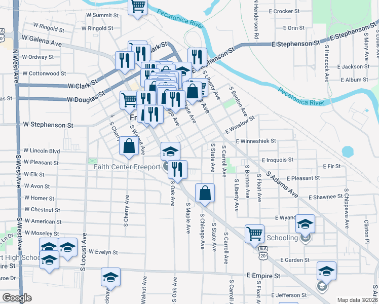 map of restaurants, bars, coffee shops, grocery stores, and more near 27 West Iroquois Street in Freeport
