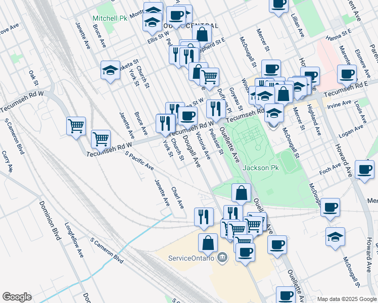 map of restaurants, bars, coffee shops, grocery stores, and more near 2165 Dougall Avenue in Windsor