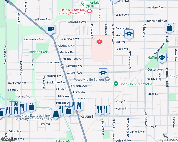map of restaurants, bars, coffee shops, grocery stores, and more near 2811 Custer Avenue in Rockford