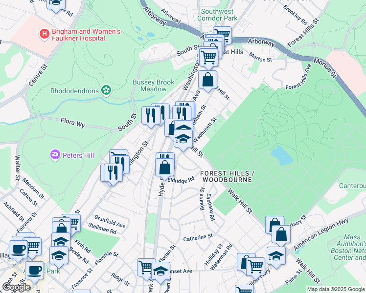 map of restaurants, bars, coffee shops, grocery stores, and more near 25 Walk Hill Street in Boston
