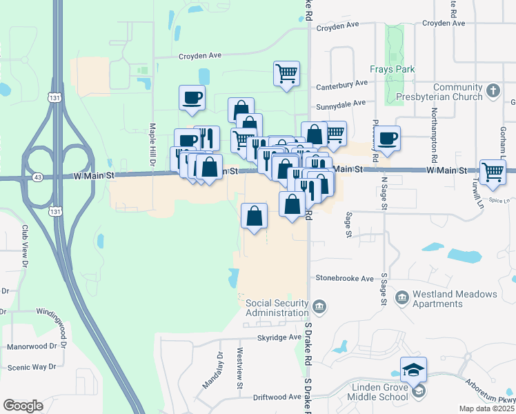 map of restaurants, bars, coffee shops, grocery stores, and more near 5159 West Main Street in Kalamazoo