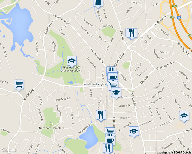 map of restaurants, bars, coffee shops, grocery stores, and more near 26 Crescent Road in Needham