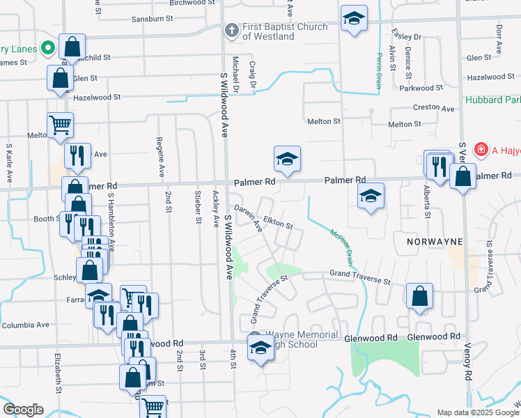 map of restaurants, bars, coffee shops, grocery stores, and more near 2023 Eastport Street in Westland