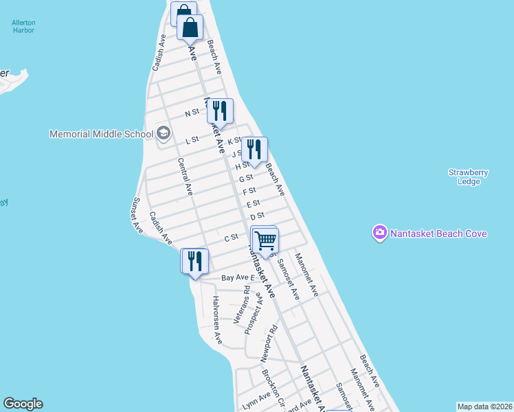map of restaurants, bars, coffee shops, grocery stores, and more near 58 D Street in Hull