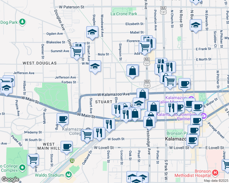 map of restaurants, bars, coffee shops, grocery stores, and more near 802 West Kalamazoo Avenue in Kalamazoo