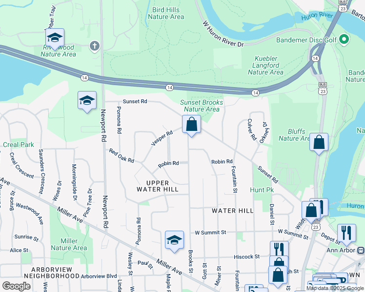 map of restaurants, bars, coffee shops, grocery stores, and more near 1303 Brooks Street in Ann Arbor