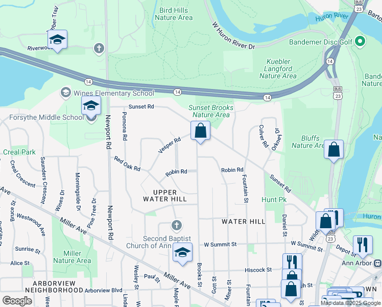 map of restaurants, bars, coffee shops, grocery stores, and more near 1303 Brooks Street in Ann Arbor