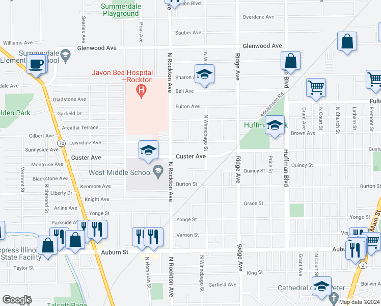 map of restaurants, bars, coffee shops, grocery stores, and more near 2403 Custer Avenue in Rockford