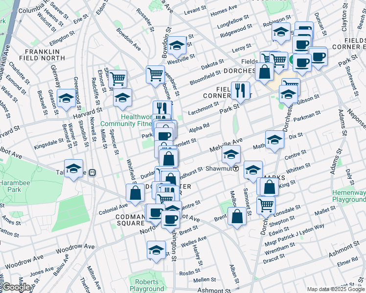map of restaurants, bars, coffee shops, grocery stores, and more near 12 Melville Avenue in Boston