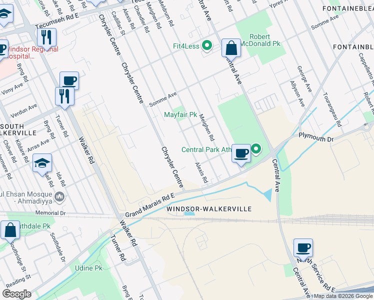 map of restaurants, bars, coffee shops, grocery stores, and more near 5 Chrysler Centre in Windsor