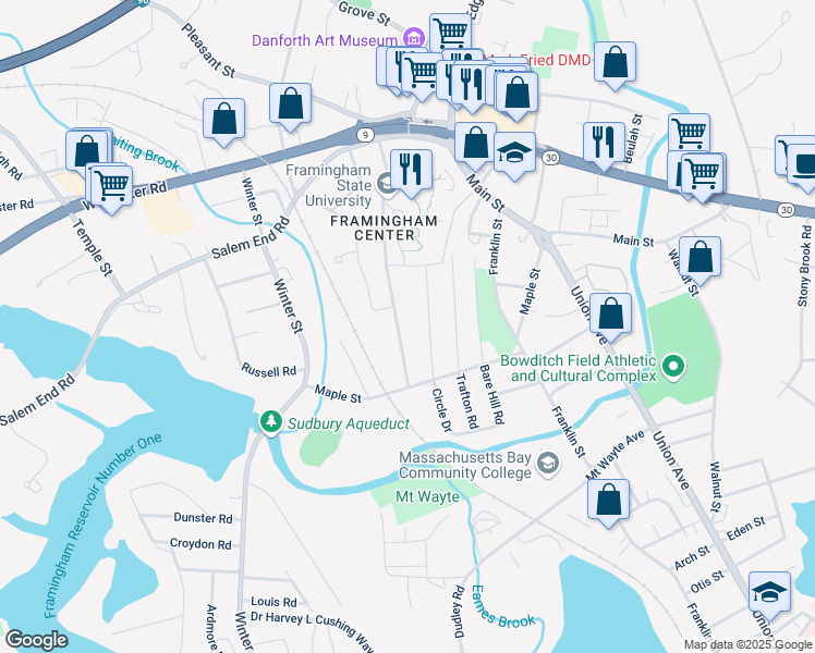 map of restaurants, bars, coffee shops, grocery stores, and more near 186 State Street in Framingham
