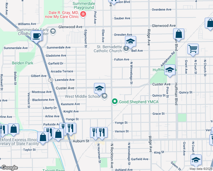 map of restaurants, bars, coffee shops, grocery stores, and more near 1924 North Rockton Avenue in Rockford
