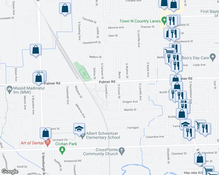 map of restaurants, bars, coffee shops, grocery stores, and more near 1832 Liddicot Street in Westland