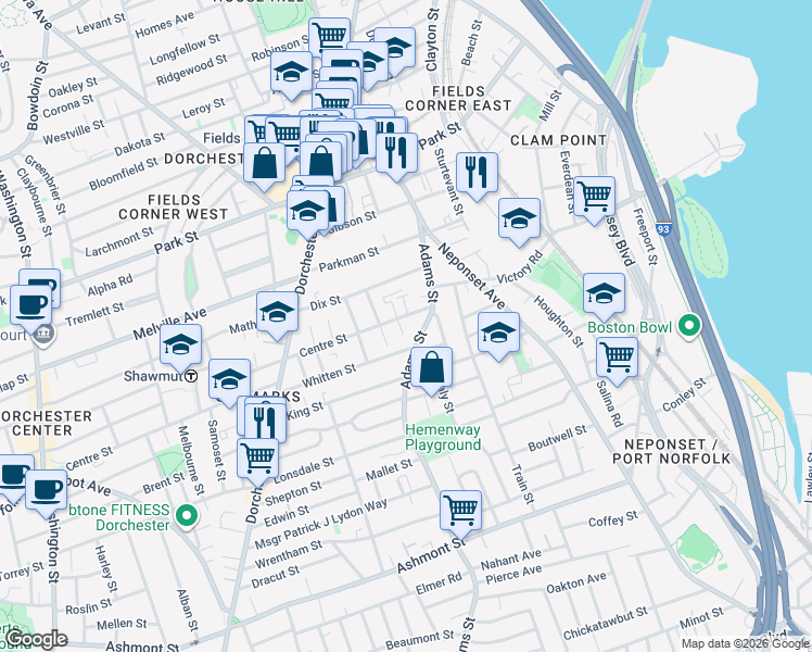 map of restaurants, bars, coffee shops, grocery stores, and more near 64 Whitten Street in Boston