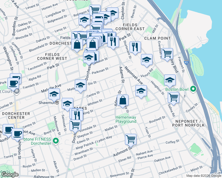 map of restaurants, bars, coffee shops, grocery stores, and more near 64 Whitten Street in Boston