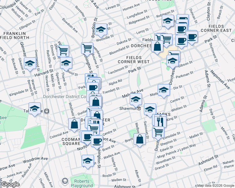 map of restaurants, bars, coffee shops, grocery stores, and more near 27 Melville Avenue in Boston