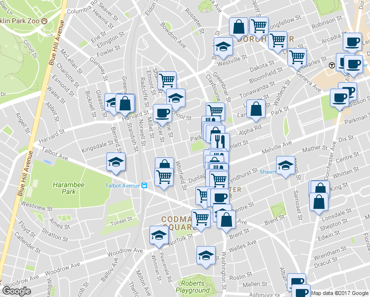 map of restaurants, bars, coffee shops, grocery stores, and more near 52 West Tremlett Street in Boston