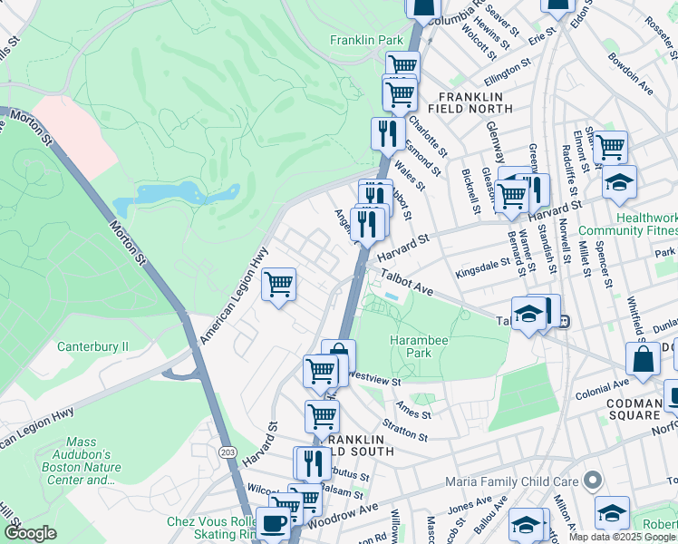 map of restaurants, bars, coffee shops, grocery stores, and more near 301 Harvard Street in Boston