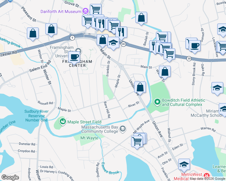 map of restaurants, bars, coffee shops, grocery stores, and more near 583 Franklin Street in Framingham