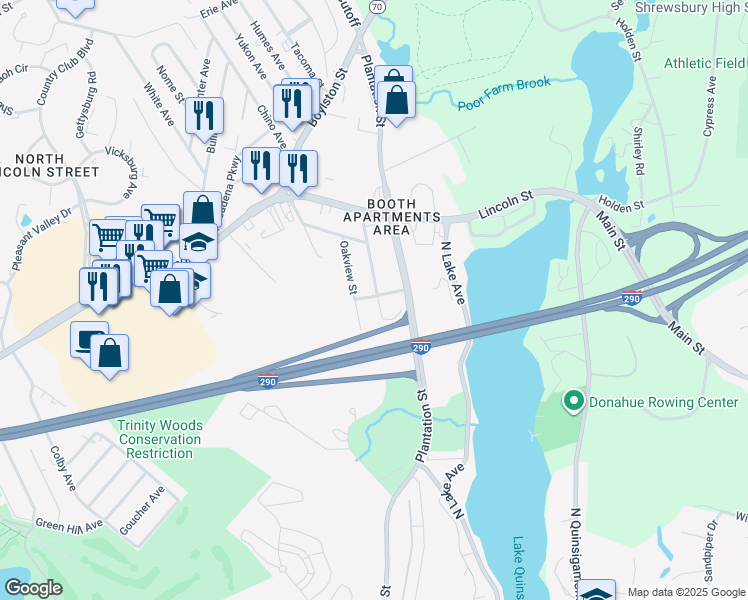 map of restaurants, bars, coffee shops, grocery stores, and more near 25 Oakview Street in Worcester