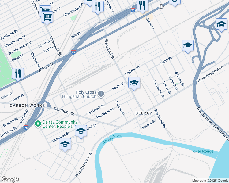 map of restaurants, bars, coffee shops, grocery stores, and more near 8159 Dill Place in Detroit